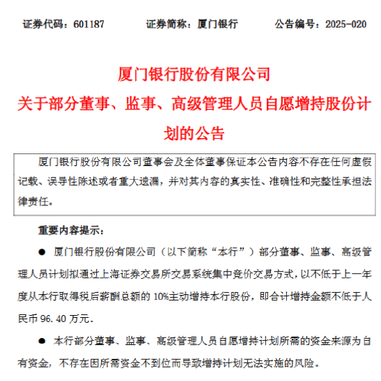 厦门银行：部分董监高拟合计增持不低于96.4万元  第1张