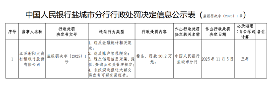 江苏射阳太商村镇银行被罚30.2万元：违反金融统计相关规定等  第1张
